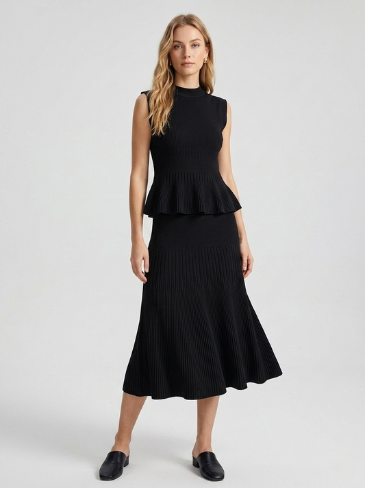 Ribbed Knit Peplum Top & A-Line Midi Skirt Set | White Black Mint Green Two-Piece Outfit