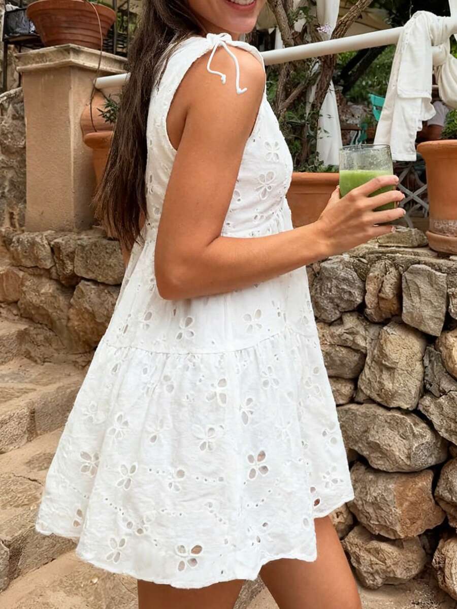 V-Neck Tie Strap Eyelet Embroidery Mini Dress | White Broderie Anglaise A-Line Babydoll