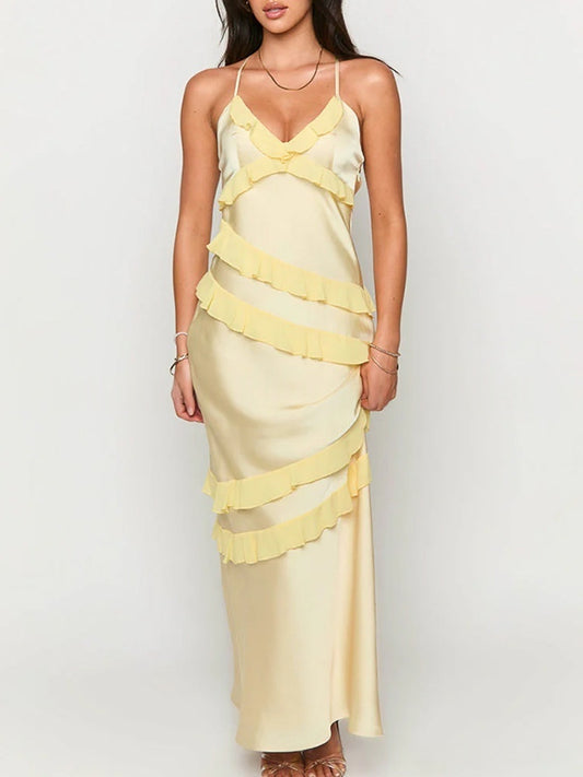 Satin Open Back Maxi Dress | Deep V Ruffle Asymmetrical Slip Evening Gown