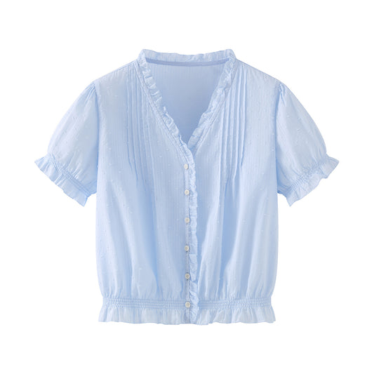 V-Neck Ruffle Puff Sleeve Swiss Dot Blouse | Cinched Waist Babydoll Top