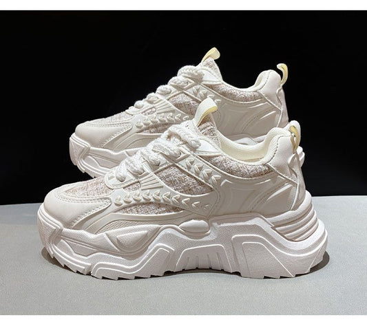 Chunky Platform Sneakers – Tweed & Leather Elevated height. Effortless edge.