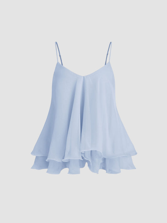 Mother’s Day Blush Pink Ruffle Cami Top | V-Neck Chiffon Tie-Back Babydoll Tank