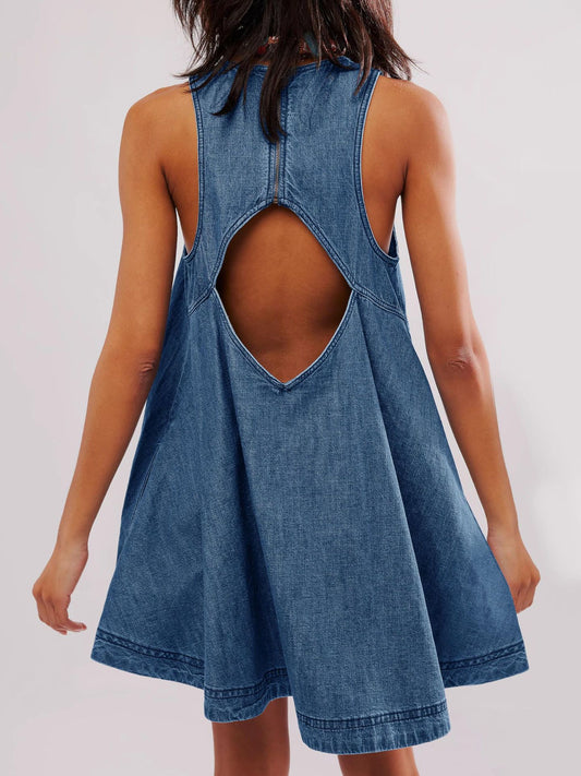 Backless Denim Mini Babydoll Dress with Pockets