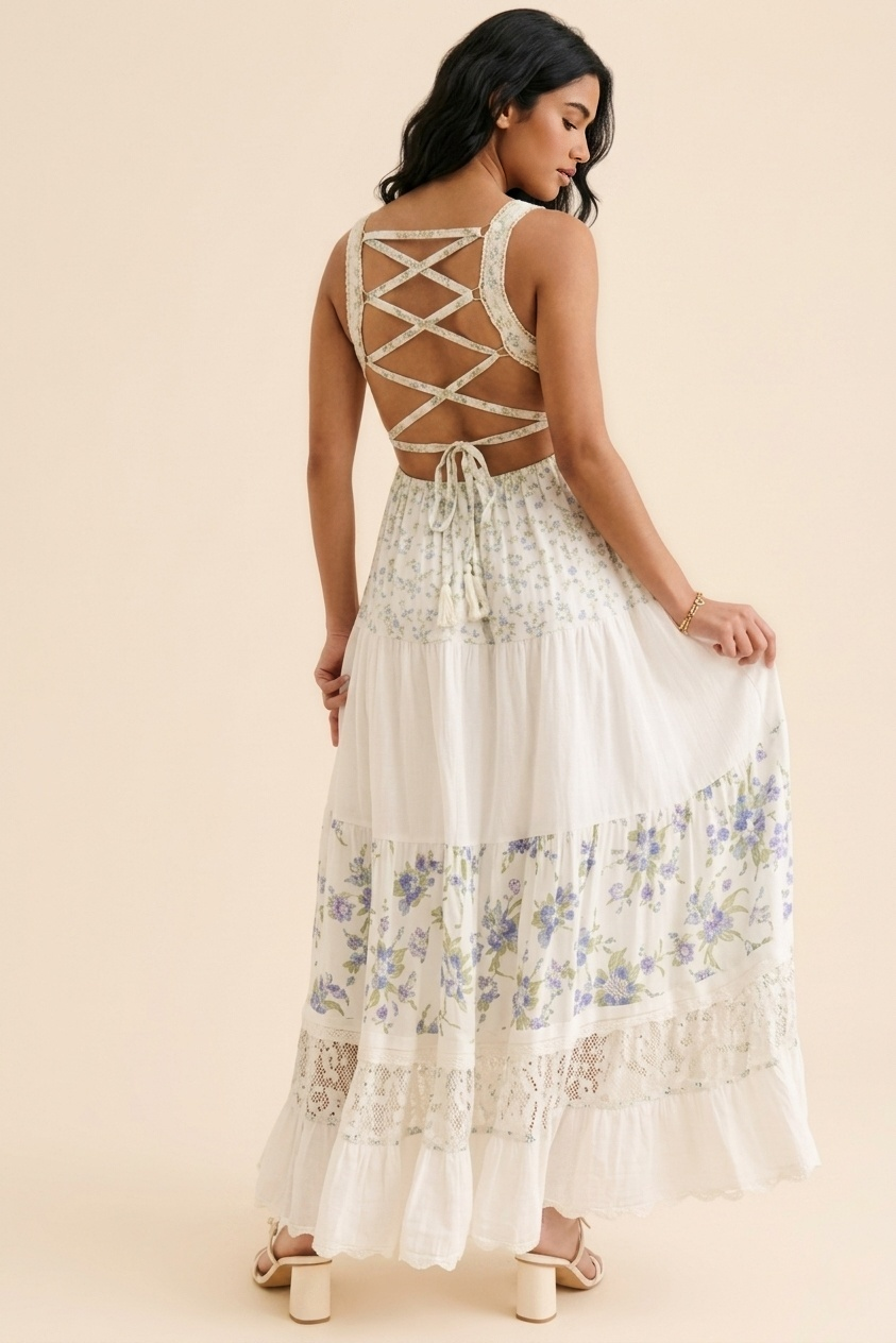 Spaghetti Strap V-Neck Lace Panel Floral Maxi Dress | Ditsy Print Tiered A-Line Gown