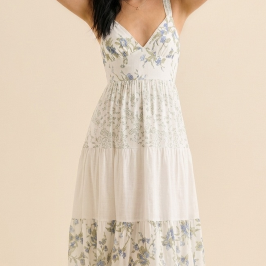 Spaghetti Strap V-Neck Lace Panel Floral Maxi Dress | Ditsy Print Tiered A-Line Gown