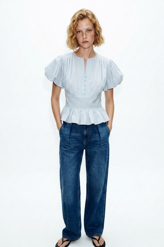 Round Neck Puff Sleeve Smocked Blouse | Pleated Peplum Top