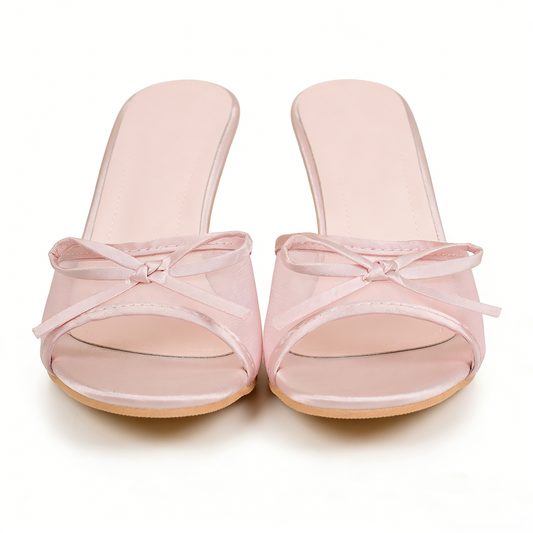 Elegant Satin Bow Kitten Heel Mule Sandals | Open Toe Mesh Strap Slip-On Heels