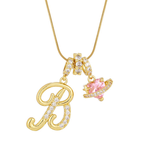 Personalized Pink Heart Saturn Initial Necklace – Dainty Gold & Silver Letter Jewelry