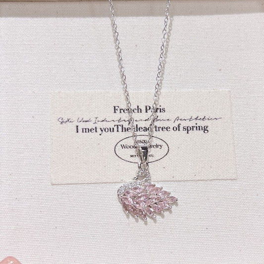 Gold Tone Pink CZ Swan Pendant Necklace | Romantic Marquise Stone Clavicle Chain