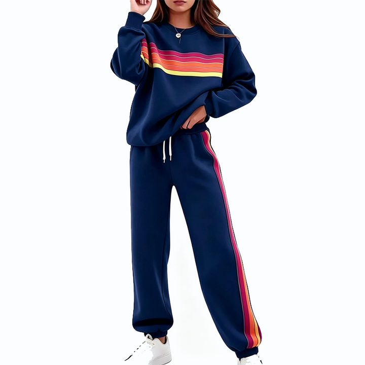 Crew Neck Color Stripe Sweatshirt Jogger Set