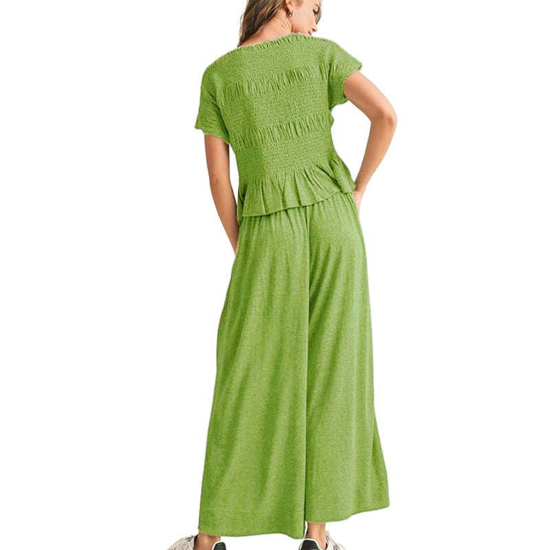 Smocked Top Wide Leg Pants Two Piece Set