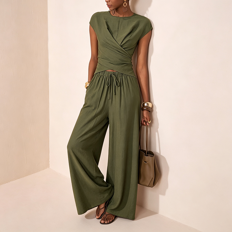 Asymmetrical top and high-waisted wide-leg trousers set