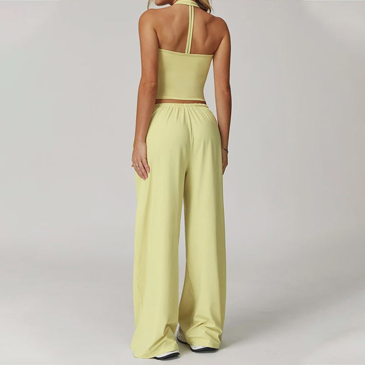 Halter-neck sleeveless cropped top and drawstring wide-leg pants set