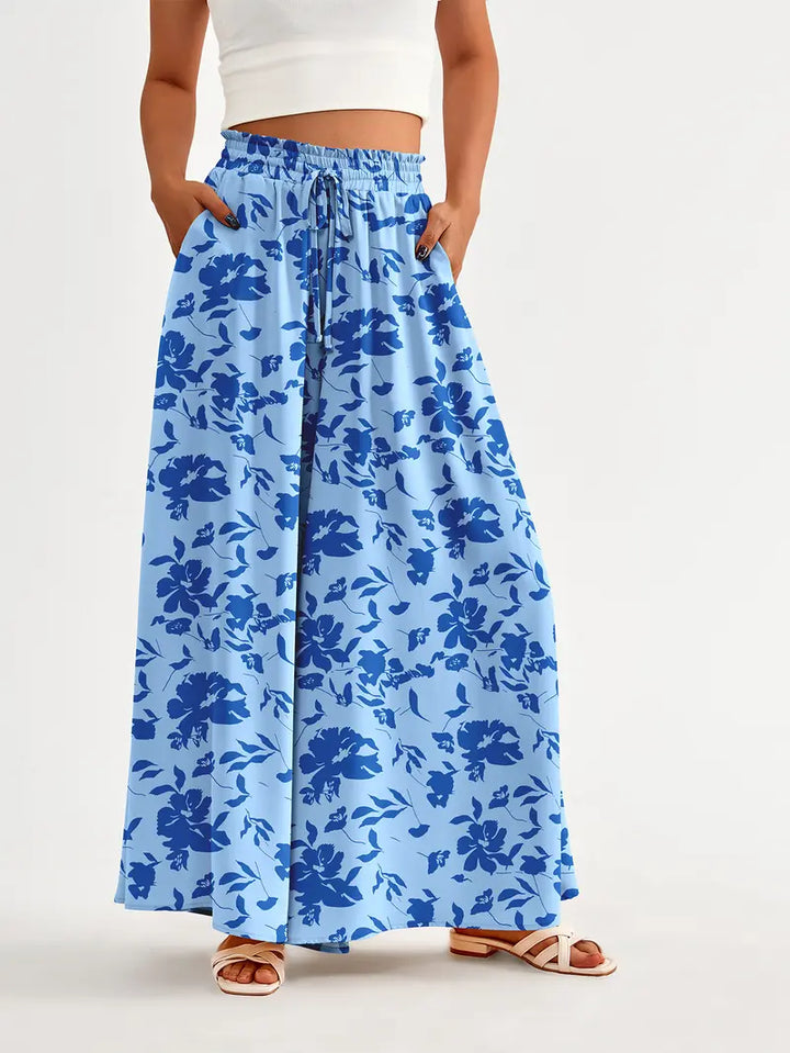 Light Blue Floral Print Elastic Waist Wide Leg Palazzo Pants