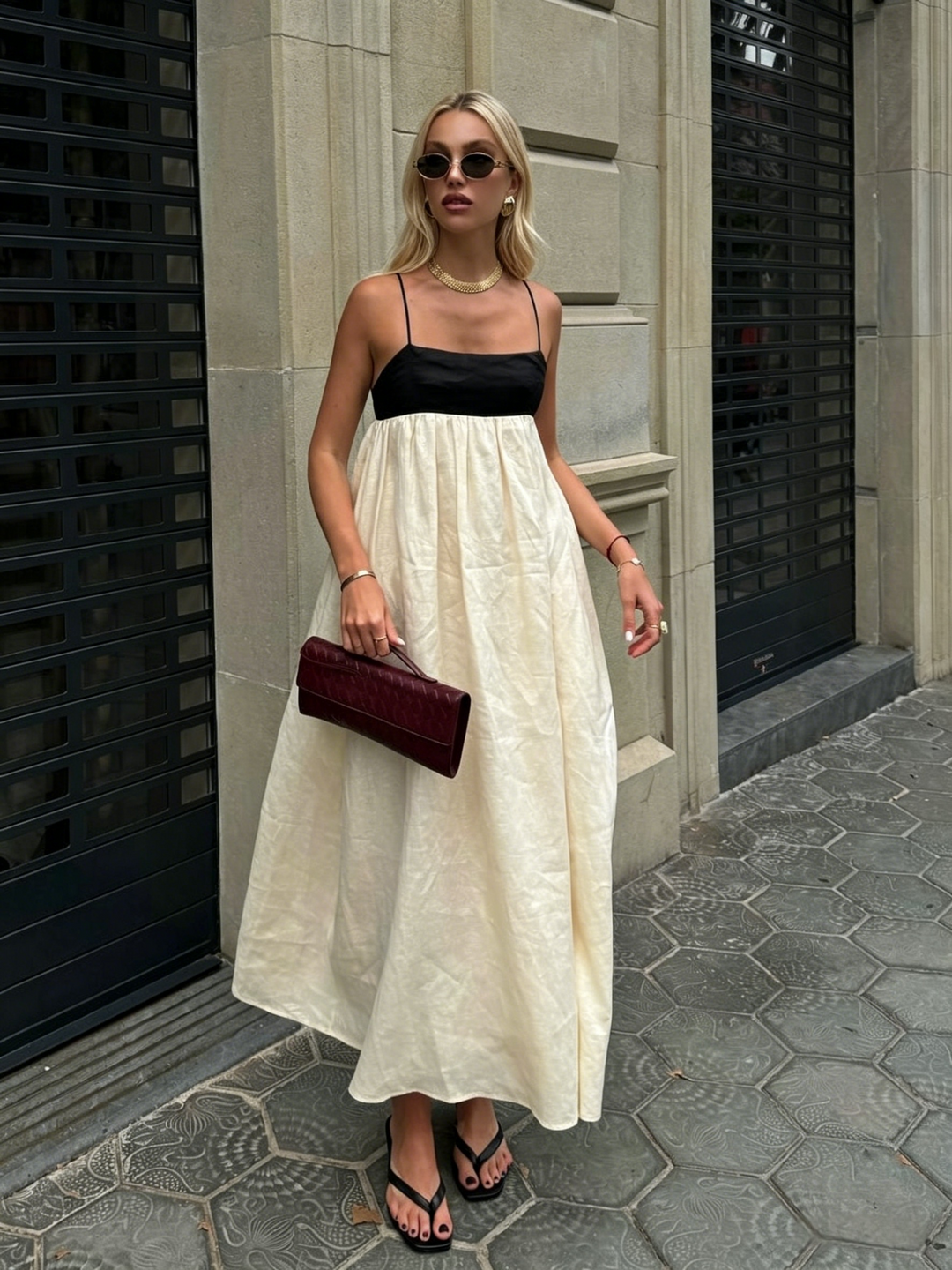 Color Block Spaghetti Strap A-Line Maxi Dress | Cream &amp;amp; Black Minimalist Contrast Maxi