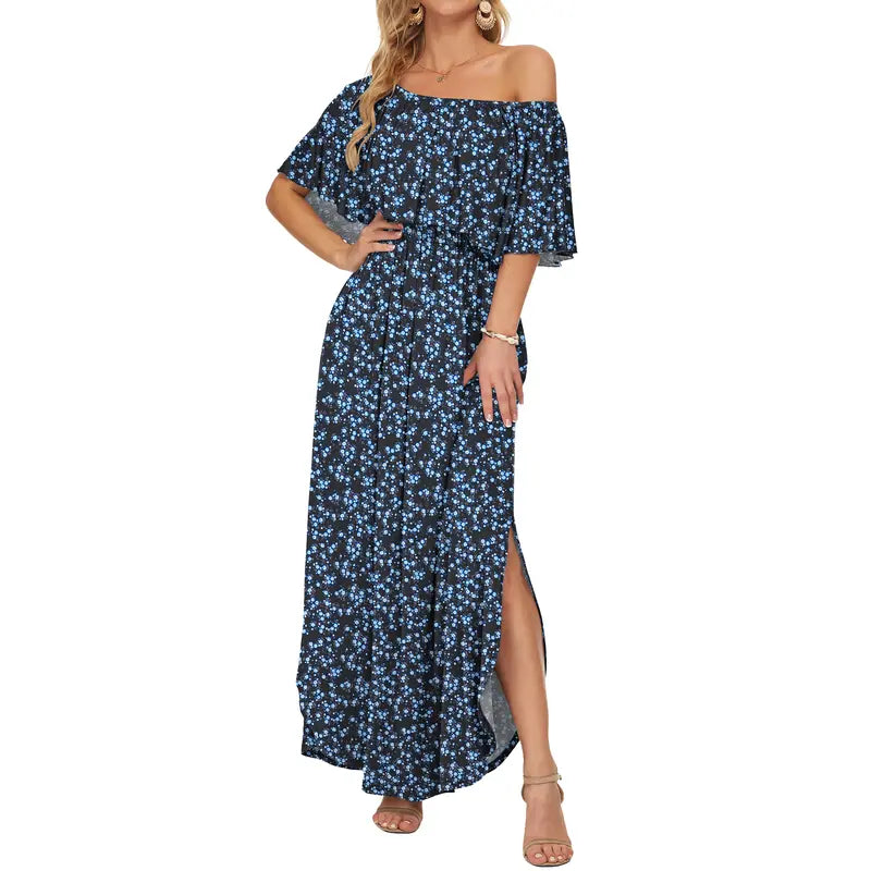 Floral Off-Shoulder Maxi Dress, Flowy Elastic Waist Dress with Side Slit