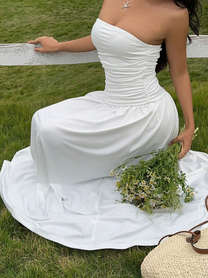 Solid-color strapless ruched dress