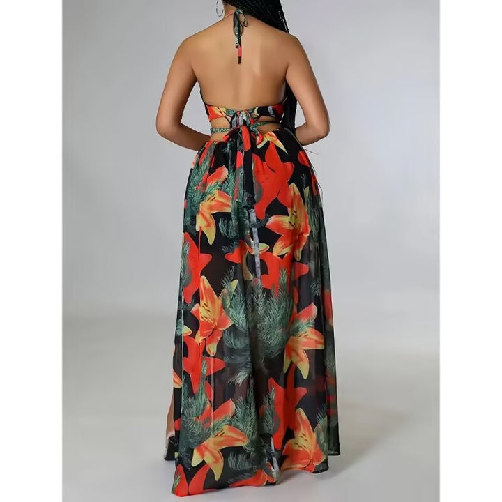 Open-back printed camisole dress with side slit