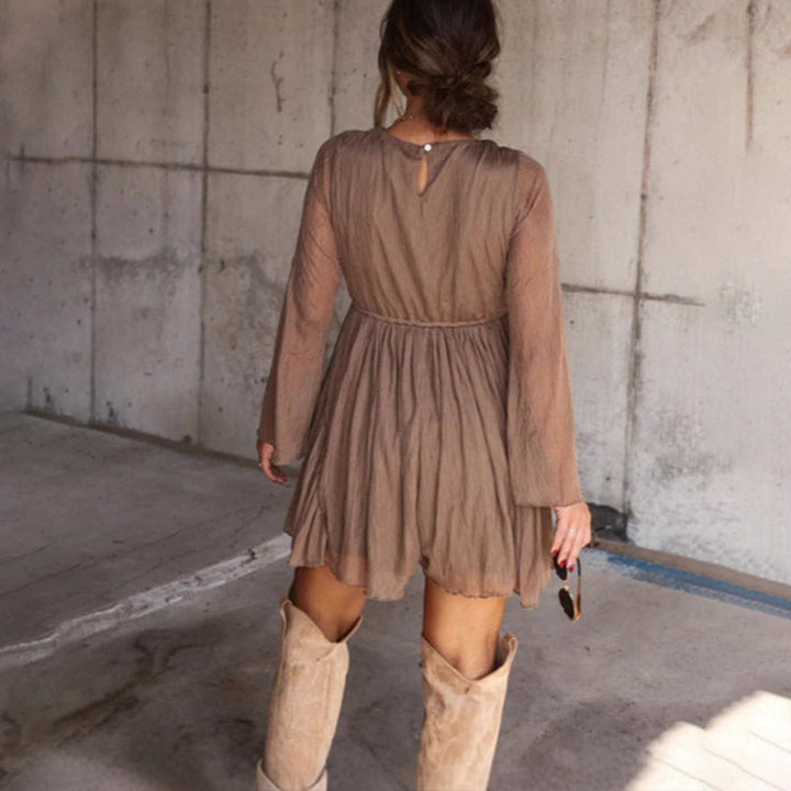 V-neck flared sleeve pleated dress
