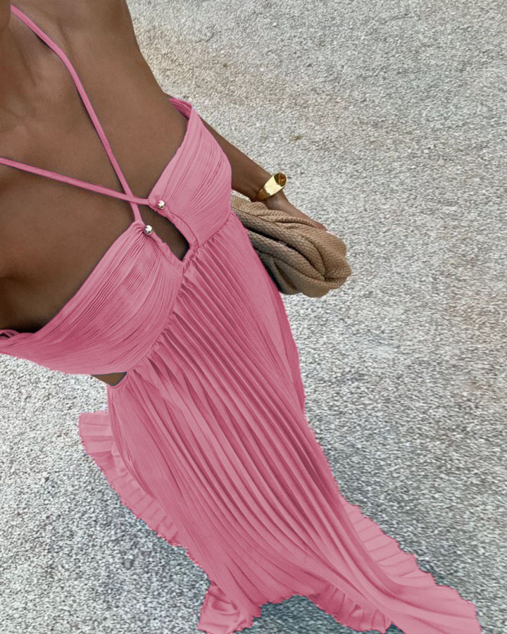 Ladies Back Tie Halter Pleated Beach Sundress