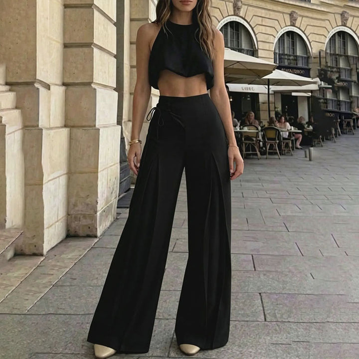 Casual drawstring high-waisted wide-leg pants