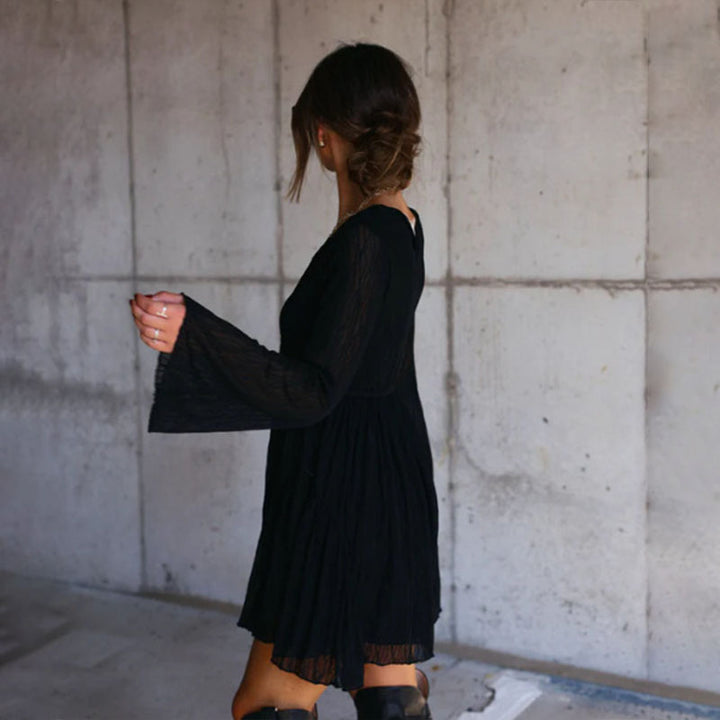 V-neck flared sleeve pleated dress