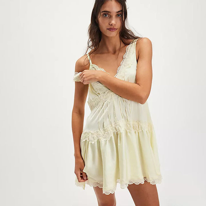 Sleeveless V-neck lace-trimmed layered mini nightgown dress