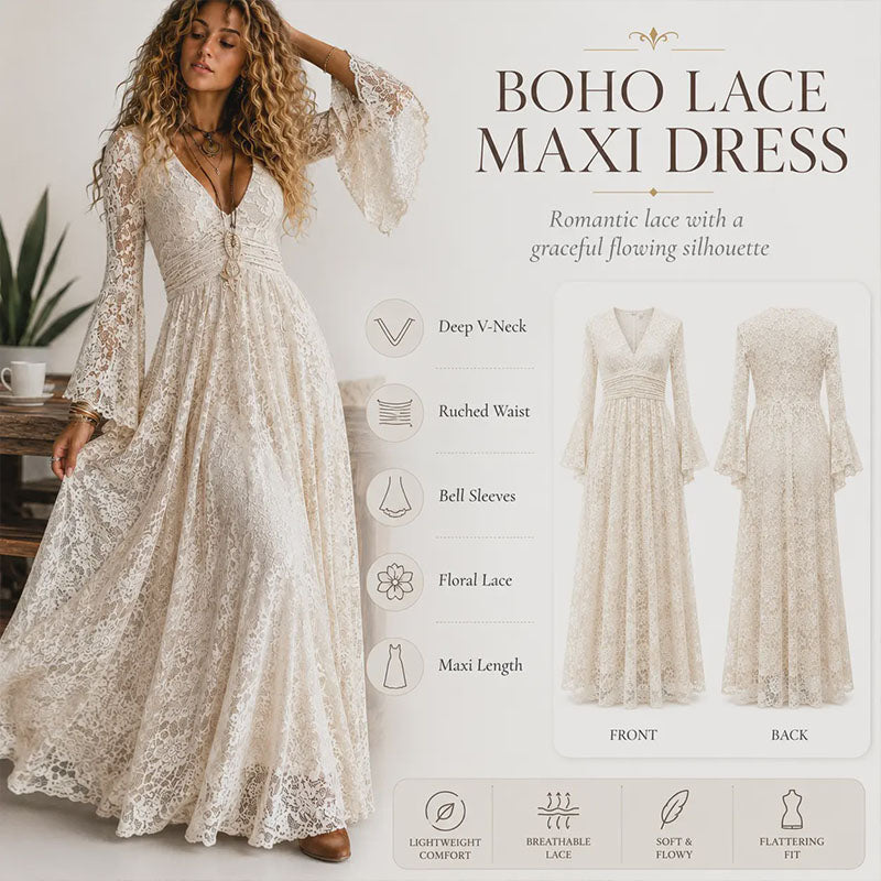 V-neck flared sleeve lace dress