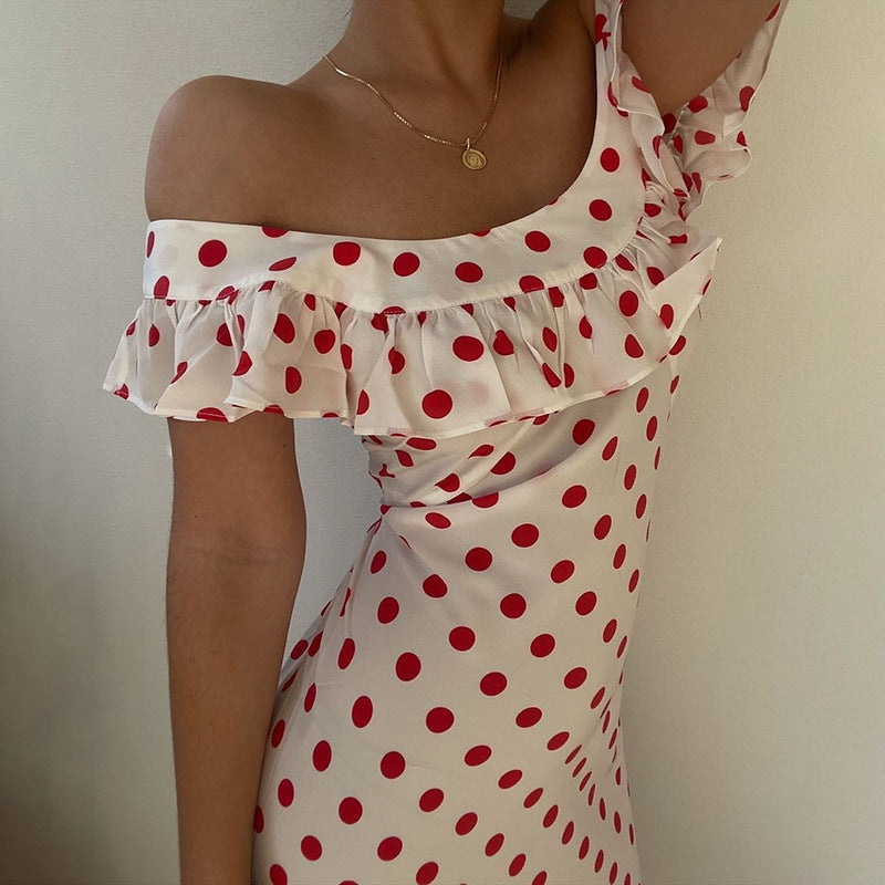 Women Polka Dot Off Shoulder Ruffle Midi Dress