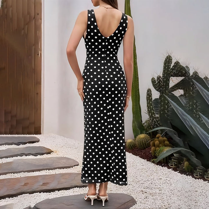Deep V-neck fitted polka-dot dress