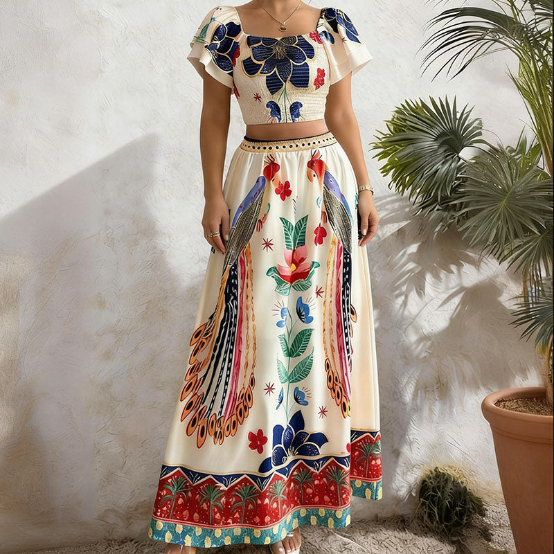 Puff-sleeve cropped top and printed maxi skirt set
