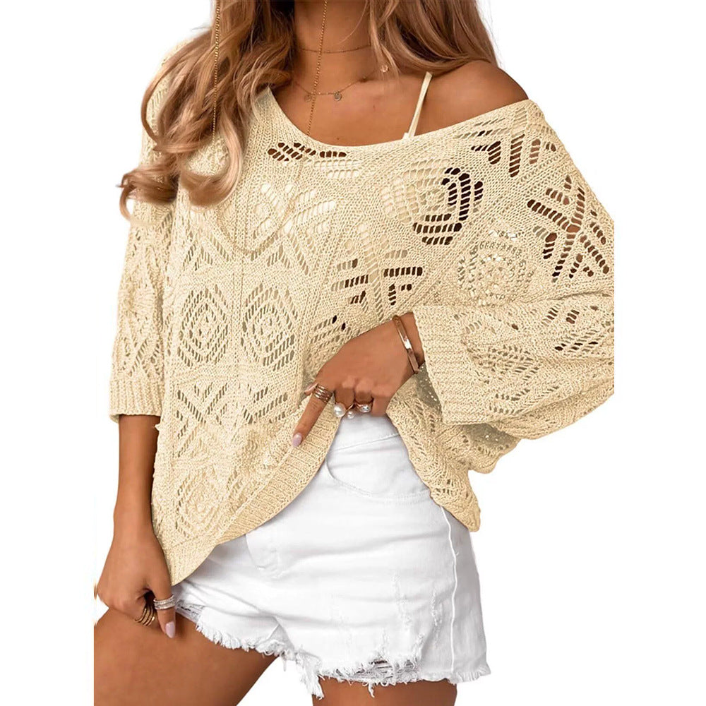 Openwork three-quarter sleeve knitted cover-up