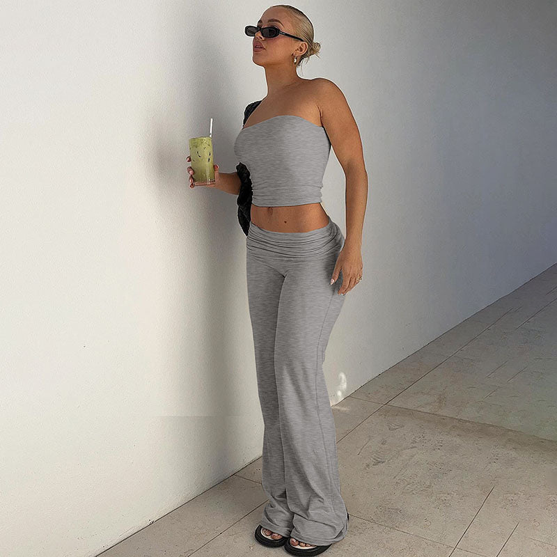 Strapless tube top and high-waisted slight-flare trousers set