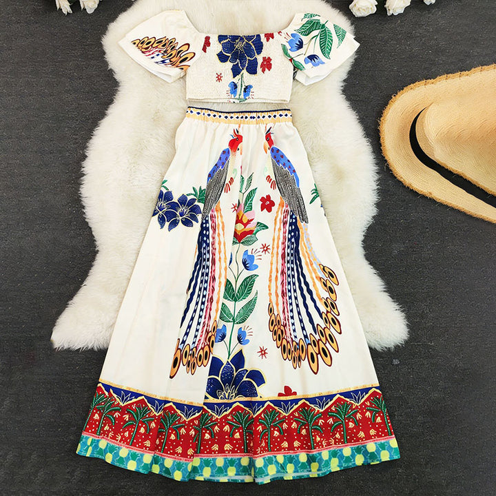 Puff-sleeve cropped top and printed maxi skirt set