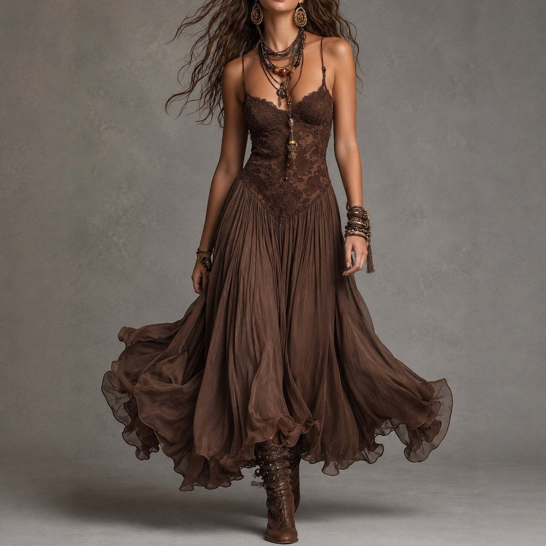 Vintage Flowy Lace Chiffon Slip Maxi Dress