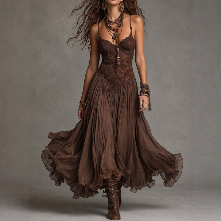 Vintage Flowy Lace Chiffon Slip Maxi Dress