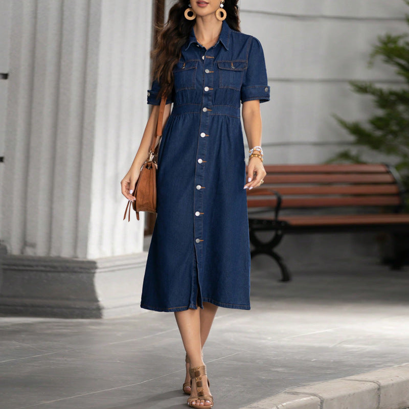 Short-sleeved denim shirt dress