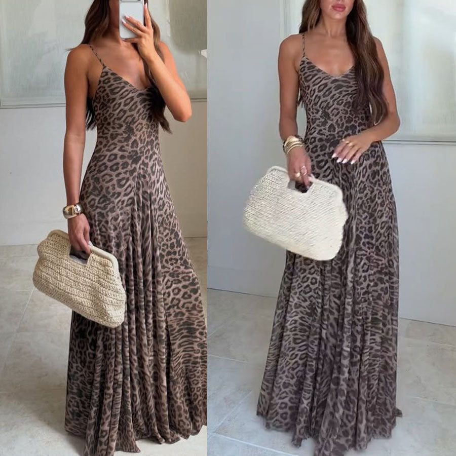 Leopard Print Spaghetti Strap Mesh Maxi Dress