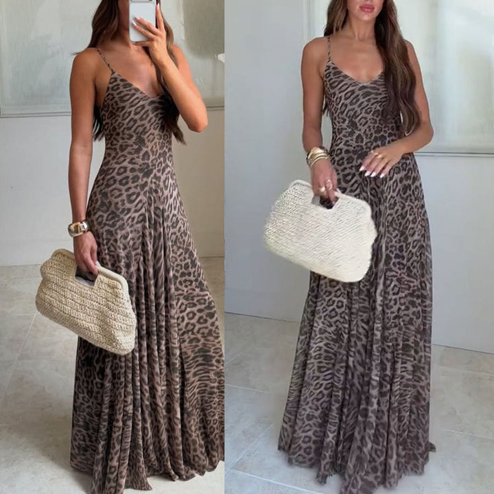 Leopard Print Spaghetti Strap Mesh Maxi Dress