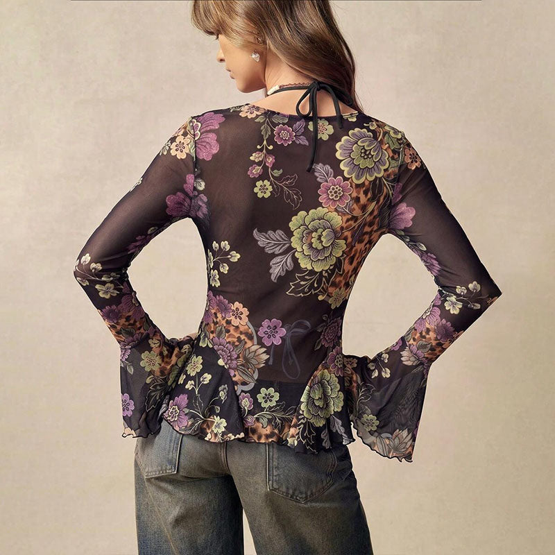 V-neck lace flared long-sleeved ruffle top
