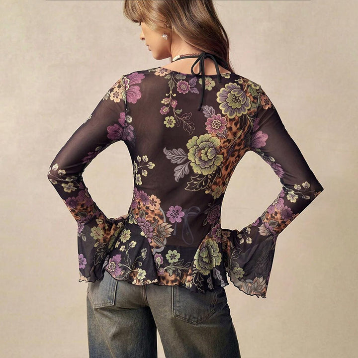 V-neck lace flared long-sleeved ruffle top