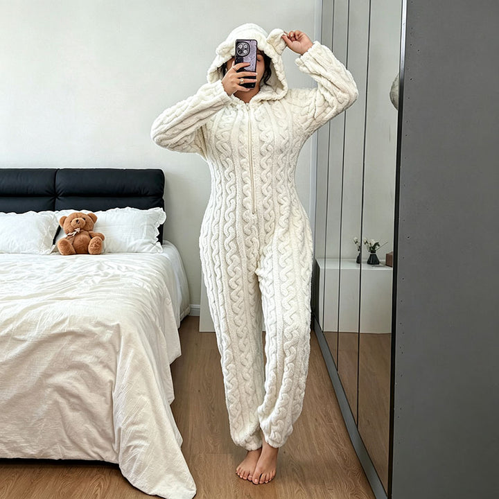 Bear Pattern Plush Hooded Onesie Pajamas