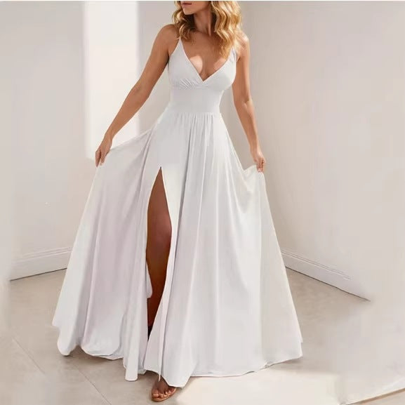 Solid color cross-back open-slit halter dress
