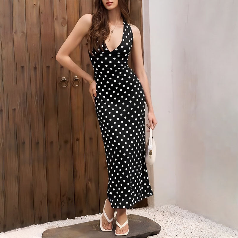 Deep V-neck fitted polka-dot dress