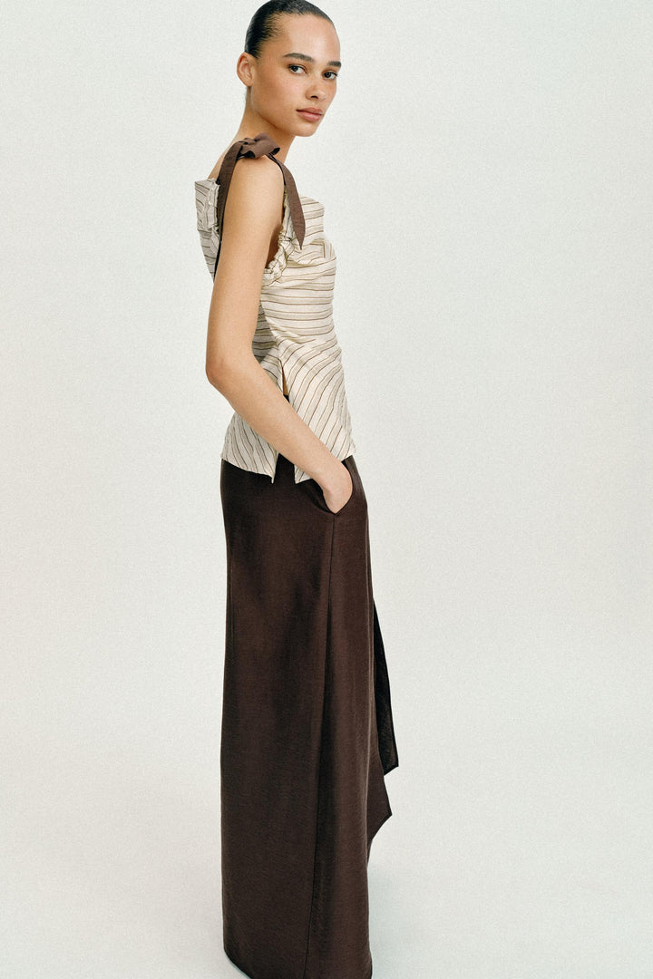 Asymmetrical One-Shoulder Striped Blouse with Bow Detail, Elegant Ruched Top for Women