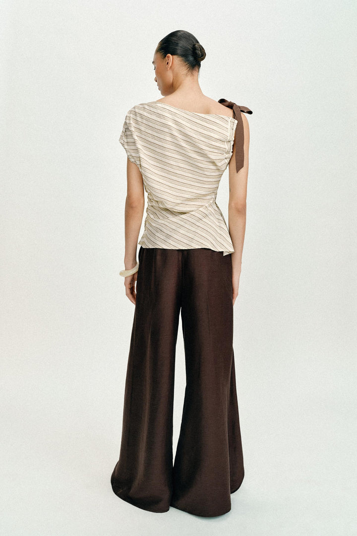Asymmetrical One-Shoulder Striped Blouse with Bow Detail, Elegant Ruched Top for Women