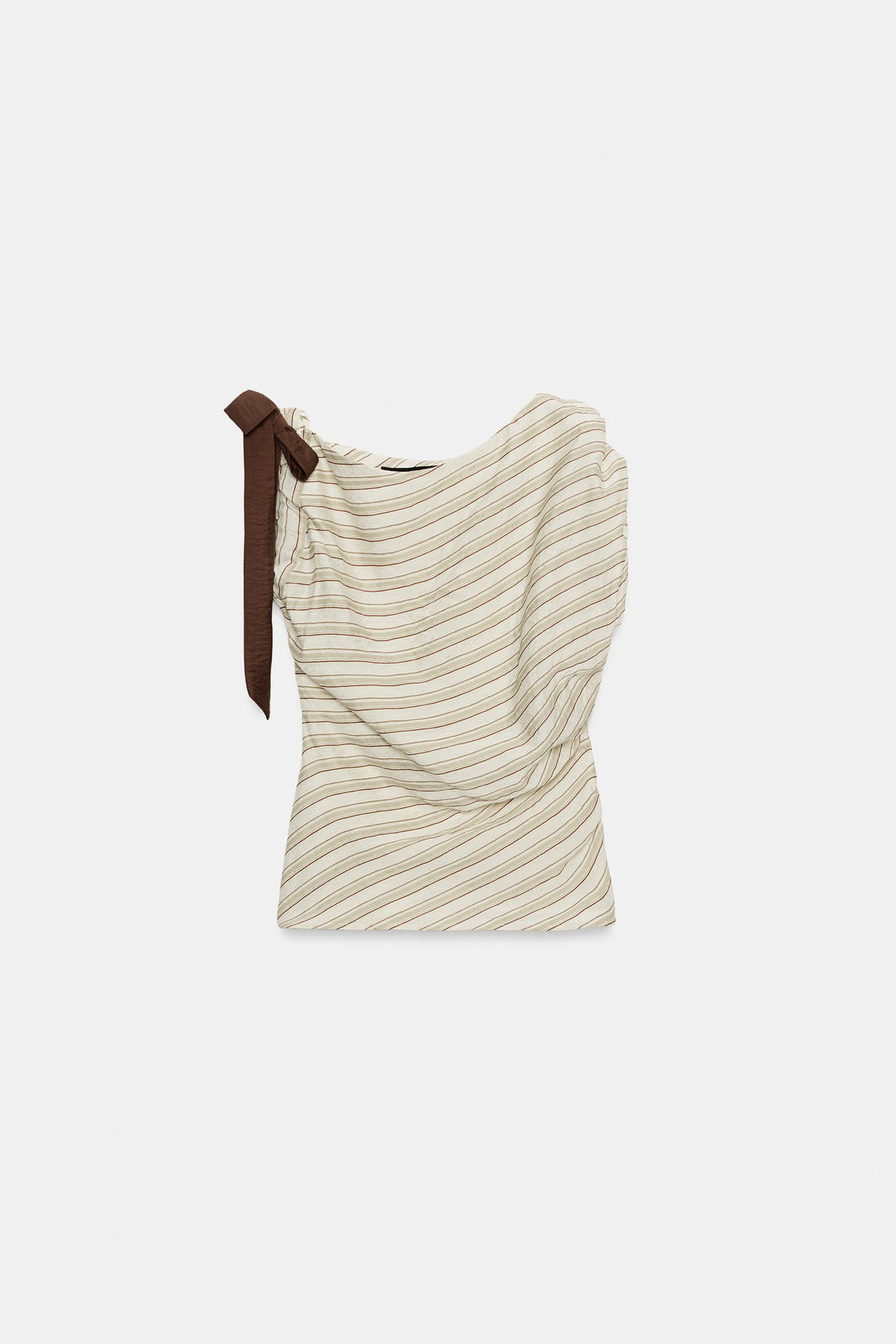 Asymmetrical One-Shoulder Striped Blouse with Bow Detail, Elegant Ruched Top for Women