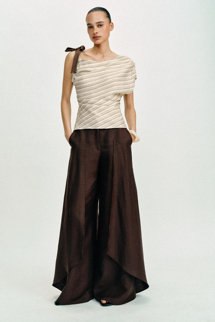 Asymmetrical One-Shoulder Striped Blouse with Bow Detail, Elegant Ruched Top for Women