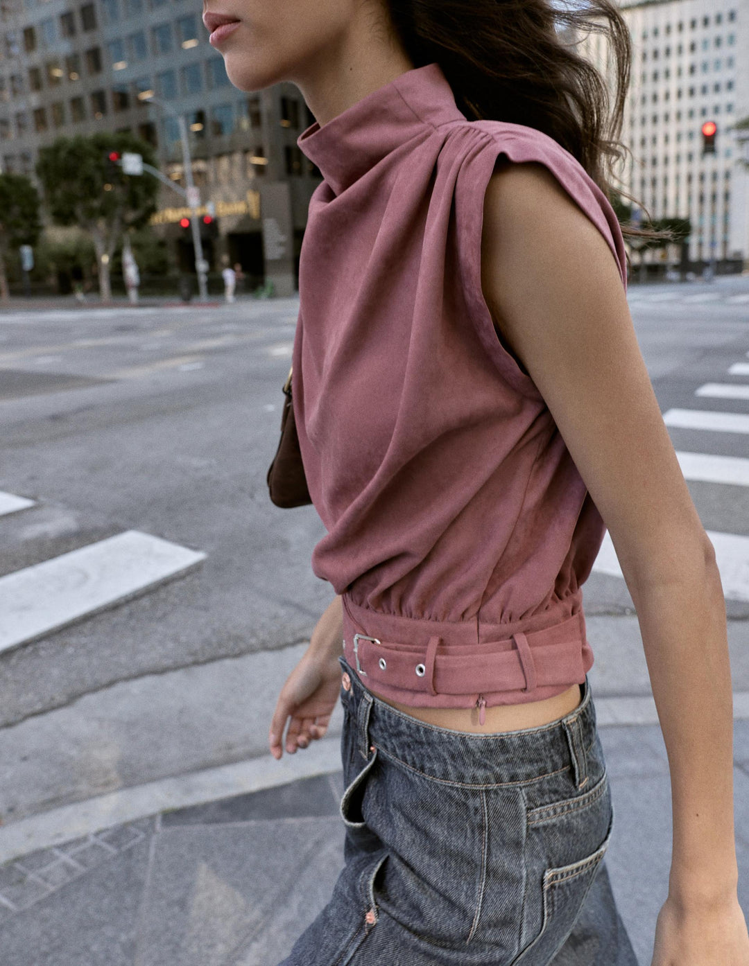 Faux Suede Buckle Top
