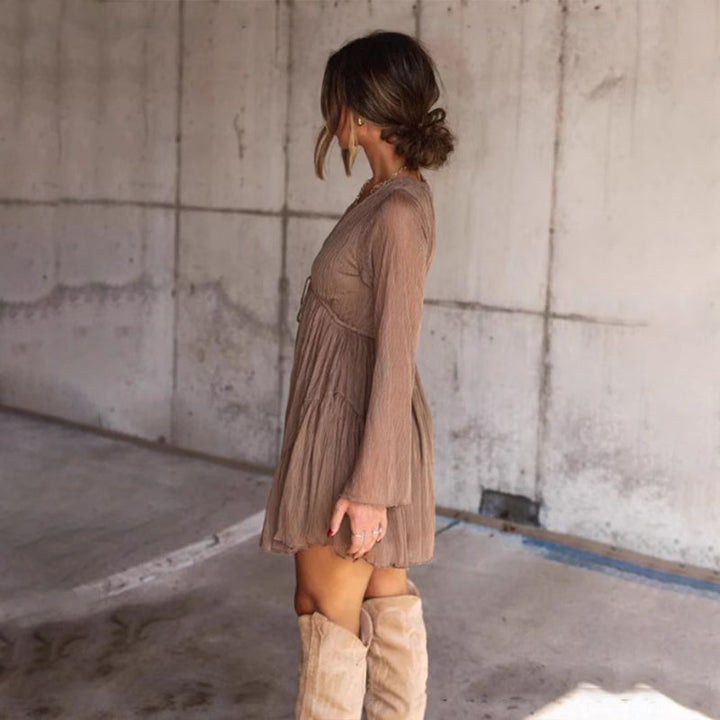 V-neck flared sleeve pleated dress